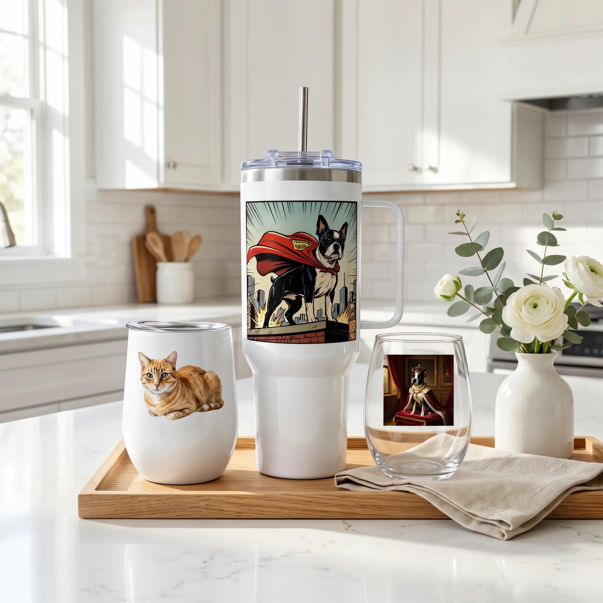 Custom pet portrait on drinkware